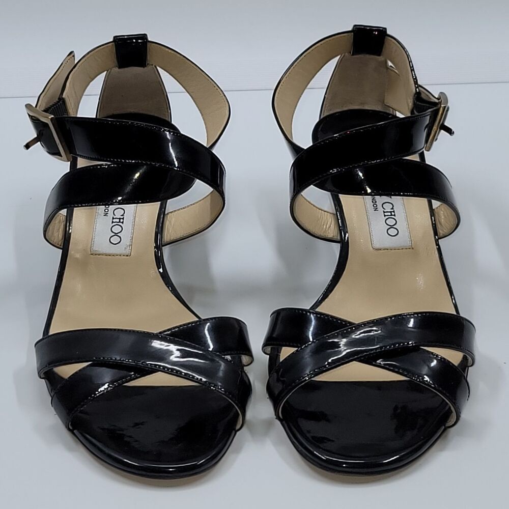 JIMMY CHOO Connor Black Patent Leather Strappy Low Wedge Sandals 38 / 8 EUC
